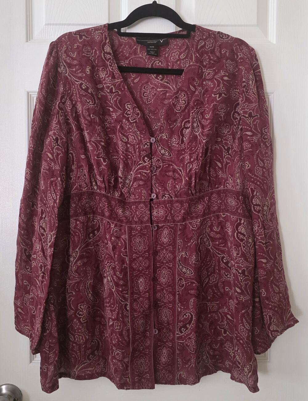 Venezia Long-sleeved 100% Silk Paisley Button Front Tunic Blouse size 14/16